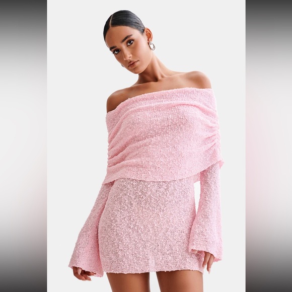 MESHKI Marisol Off Shoulder Mini Boucle Dress in Pink - Picture 1 of 4
